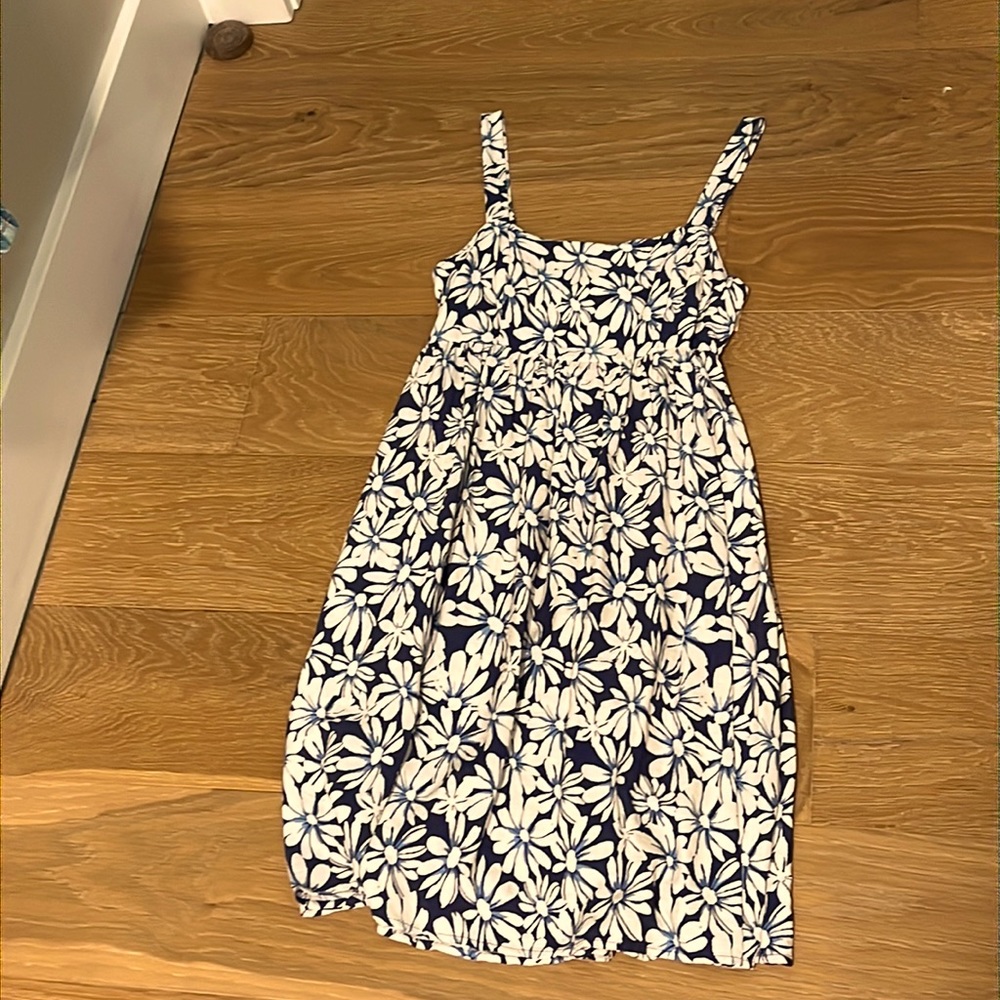Navy and natural linen color dress
